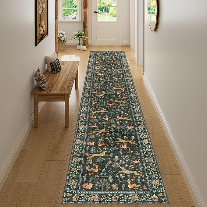 DUKINO 2x12 Washable Runner Rug, Non Slip Animal Rug for Kitchen, Black | Soft, Low Pile, Non-Shedding Thin Indoor Long Runner Carpet for Hallway, Entryway, Bedroom, Bathroom, Laundry, Pet Friendly