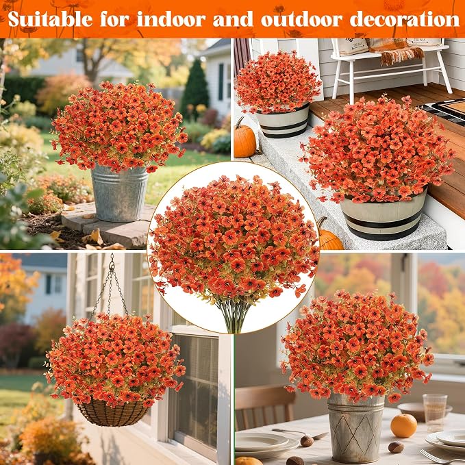 Ouddy Decor 24 Pcs Artificial Fall Flowers, Fake Mums Outdoors, Fall Orange | Lifelike faux mums, silk flower, UV resistant, no-maintenance, for autumn Thanksgiving garden porch yard indoor outdoor decor