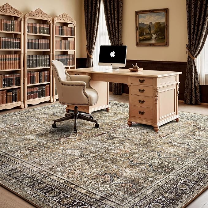 10x14 Area Rugs for Living Room, Non-Slip Washable Brown Large Carpet | Soft Area Rugs for Bedroom, Dining Room, Home Office Indoor Nursery, Stain Resistant, Low Pile, Vintage Distressed Rug