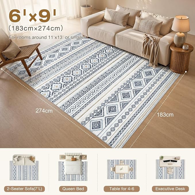 cotiled 6x9 Area Rugs Living Room Rug: Washable Boho Rugs with Non Slip Backing Large Soft Indoor Stain Resistant Carpet for Bedroom Farmhouse Dining Room Lightweight Home Decor Blue