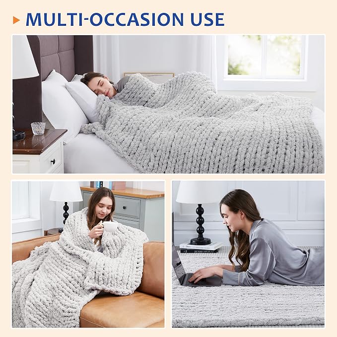 L'AGRATY Chunky Knit Throw Blanket for Couch, 50'' x 60'' Knit Throw, Grey | Handmade Chenille Crochet Blanket for Sofa Bed, Thick Cable Knitted Blankets for Room Home Decor, Birthday Gift for Women Mom