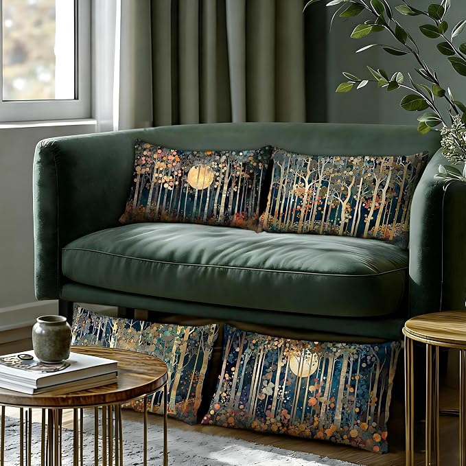 Rustic William Morris Inspired Forest Moon Decor Pillow Covers 12x20 Set of 4,Vintage Botanical Nature Landscape Decorative Throw Pillow Covers for Home Bedroom Living Room,Fall Home Room Decor