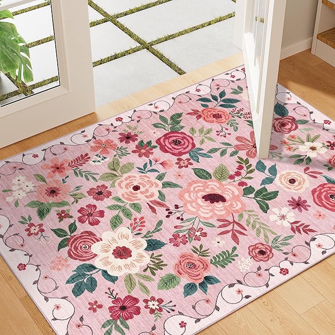 DUKINO 2x3 Entryway Rug, Floral Door Mat Soft Washable Rug Non Slip, Pink | Low Pile, Non-Shedding Small Rug for Kitchen, Entrance, Bedroom, Bathroom, Pet Friendly, Stain Resistant, Modern Home Decor