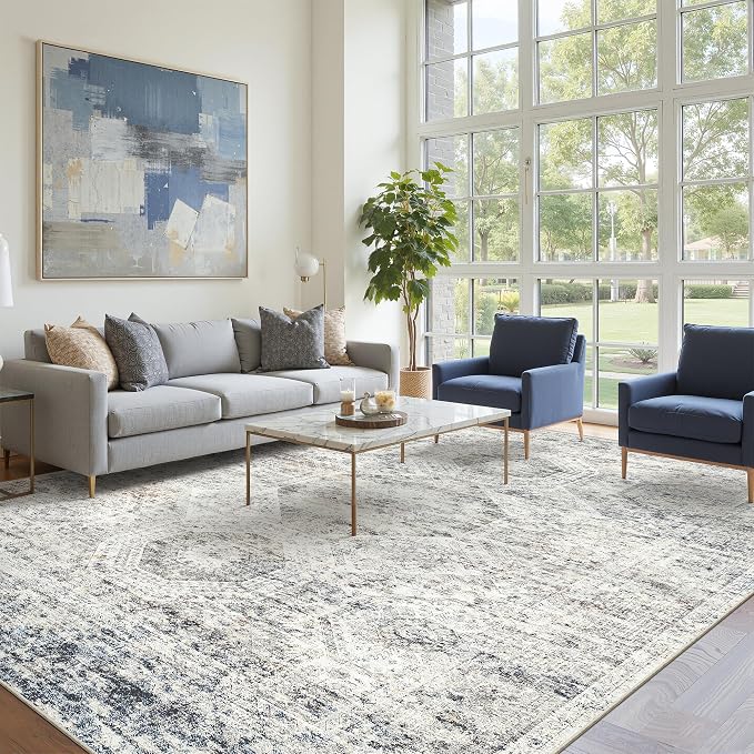 Soalmost 10x14 Area Rugs for Living Room Washable Rug Non-Slip Blue/Ivory | Large Vintage Stain Resistant Carpet for Dining Bedroom, Low Pile Lightweight Foldable Floor Mat Nursery Home Office Decor