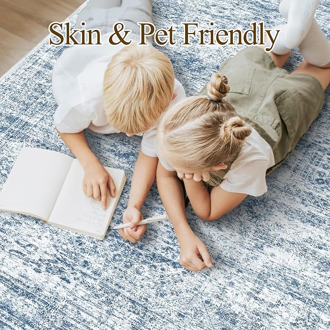 Soalmost Washable Area Rug 8x10 Large Soft Blue Rugs for Living Room | Vintage Non-Slip Carpet for Dining Bedroom, Stain Resistant Low Pile Foldable Lightweight Floor Mat Under Table Home Decor