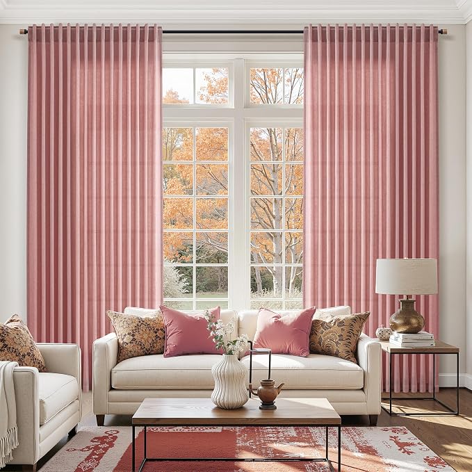 Canyon Rose Linen Curtains 80 Inch Length for Living Room Light Filtering Semi Sheer Curtain Back Tab Modern Farmhouse Decor Elegant Luxury Boho Girl Drapes for Bedroom Dinner Room 52x80, 2 Panels