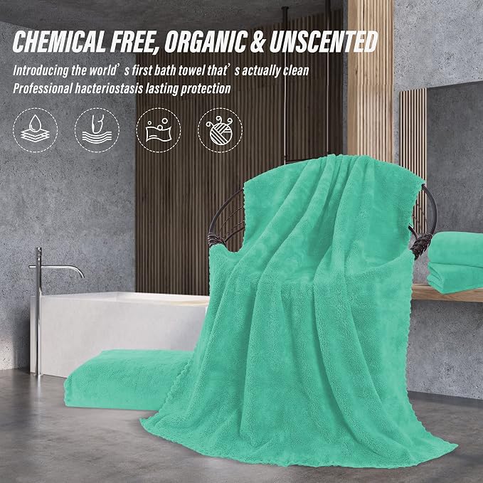 MOONQUEEN 2 Pack Premium Bath Towel Set - Quick Drying - Microfiber Coral Velvet Highly Absorbent Towels - Multipurpose Use as Bath Fitness, Bathroom, Shower, Sports, Yoga Towel (Aqua Green)