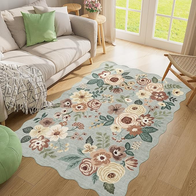 DUKINO 4x6 Area Rug, Non Slip Floral Washable Living Room Rug, Sage Green | Low Pile, Stain Resistant, Soft Throw Rugs for Bedroom, Office, Dining Room, Nursery, Pet Friendly, Home Decor, Lightweight