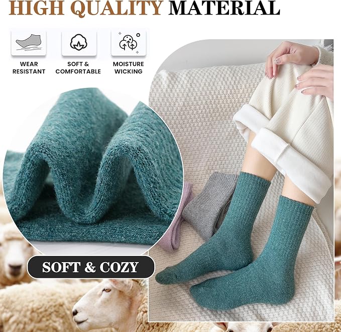 MOGGEI 5 Pairs Womens Merino Wool Socks Hiking Warm Winter Thick Thermal Crew Cozy Cabin Ladies Gift Comfy Boot Work Socks