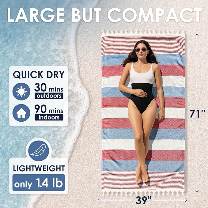 ATANI Turkish Beach Towel (71x39 Inches), Converts to a Bag, Oversized 100% Cotton Bath Towels Lightweight Quick-Dry Beach Blanket for Travel, Picnic, Camping, Yoga and Pool (Red x Navy Blue)
