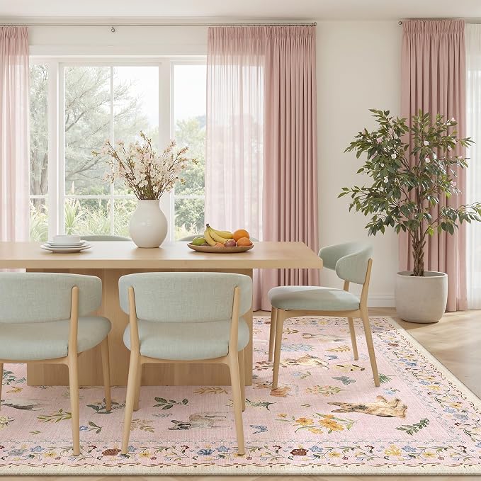Soalmost Dog 9x12 Pink Area Rugs for Baby Girl Nursery, Washable Soft Rug | Floral Vintage Cute Animal Non-Slip Low Pile Throw Rugs for Living Room Dining Room Bedroom Playroom Classroom 9' x 12'