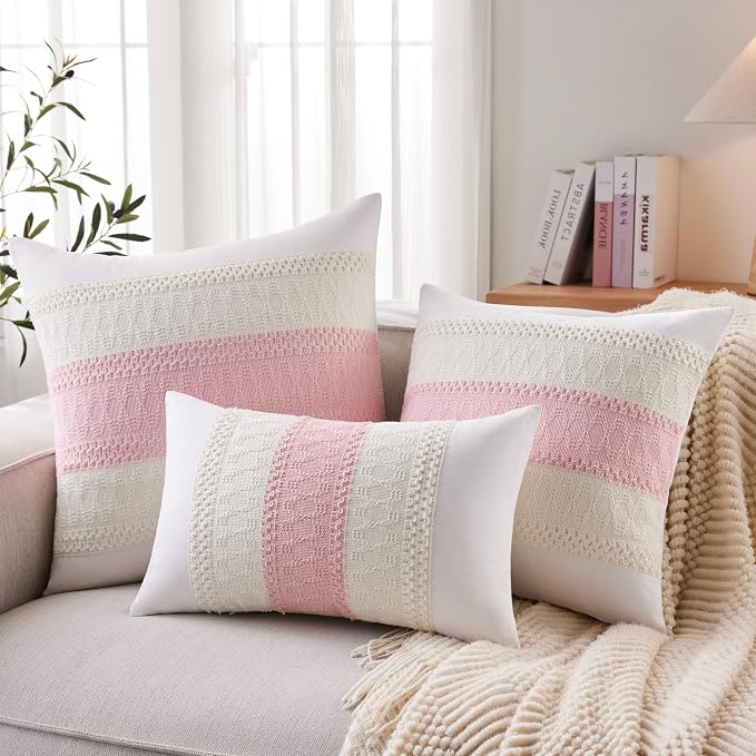 2pk Boho Pillow Covers 22x22, Natural White/Contrast/Light Pink | 100% Organic Cotton Body, Stripe Embroidery, Farmhouse Decorative Cushion Covers for Sofa Bed Living Room Home Decor
