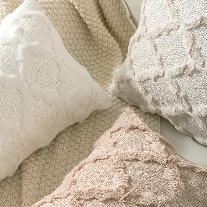 Set of 2 Soft Moroccan Throw Pillow Covers 12x20 Inch Plush Boho Decorative Pillow Cover Accent Cushion Case for Couch Sofa Bed, Cream White