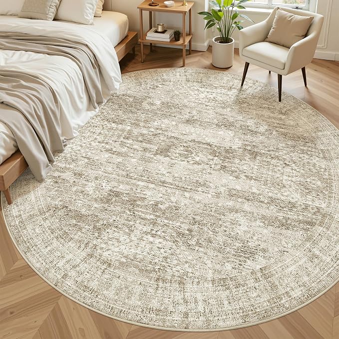 Soalmost Round Rugs 8ft Living Room Circle Area Rug 8x8 Brown Vintage | Washable Non Slip Indoor Carpet for Apartment, Dining Bedroom, Soft Low Pile Stain Resistant Foldable Floor Mat Entryway