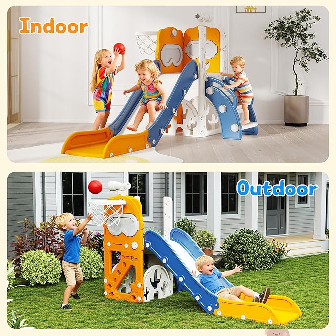 8-in-1 Toddler Slide, Indoor Slide for Toddlers Ages 1-3 and Indoor/Outdoor Play Set Playground with Storage, Climber, Telescope, Golf Set, Drawing Set, Basketball Hoop Bear Theme