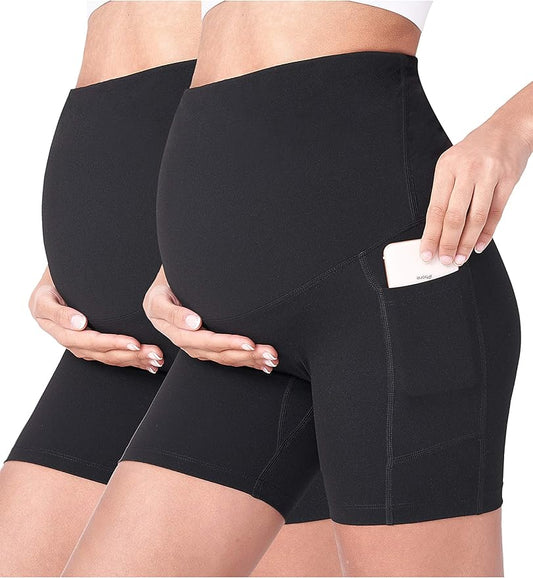 POSHDIVAH Women's Maternity Yoga Shorts Over The Belly Bump Summer Workout Running Active Short Pants with Pockets 5"/8"