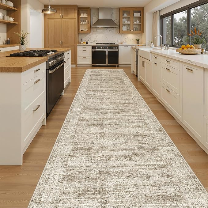 Soalmost Washable 3x14 Hallway Runner Rug Non-Slip Kitchen Entry Rugs Brown | Vintage Long Runners 14ft for Bathroom Entryway, Foldable Low-Pile Wide Floor Carpet Mat for Corridor Living Room Bedroom