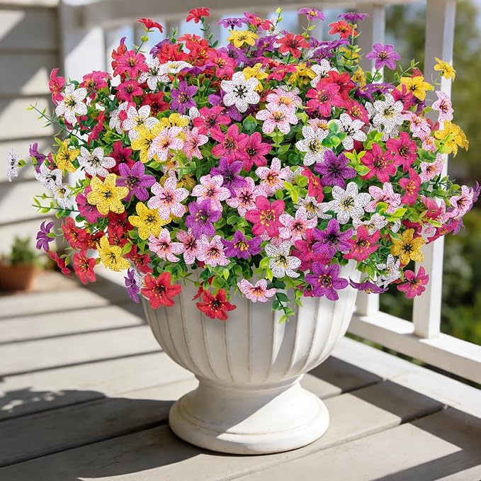 Ouddy Decor 24 Pcs Artificial Flowers for Outdoors Decoration, Multicolor | Fake silk flowers, UV resistant, faux plastic plant, for summer porch garden yard planter wedding indoor outdoor home decor