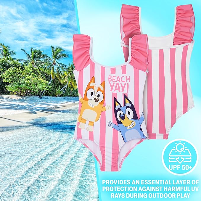 Paw Patrol | Bluey Girls Swimsuit, One Piece Toddler Bathing Suit with Ruffle Shoulder UPF 50+ Pool, Beach Swimwear