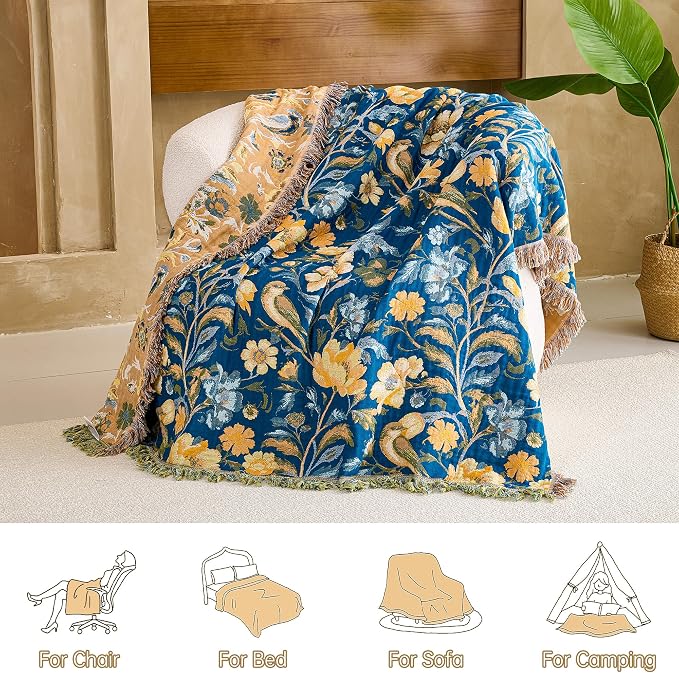 VANJOROY Boho Throw Blanket King, 100% Organic Cotton Breathable Ultra Soft 91" x 98" Bed Quilt Throw - All Season Floral Rustic Farmhouse Decor Reversible Blanket for Sofa Couch Chair and Gift