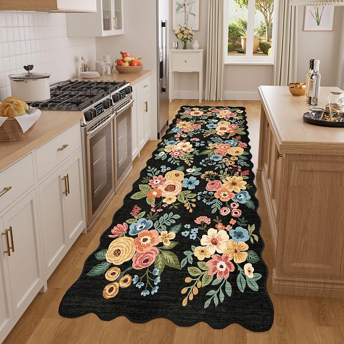 DUKINO 3x8 Kitchen Runner Rug, Soft Floral Washable Rug for Hallway, Black | Low Pile, Stain Resistant Throw Rug Runner for Entryway, Bedroom, Bathroom, Laundry, Pet Friendly, Modern Home Decor
