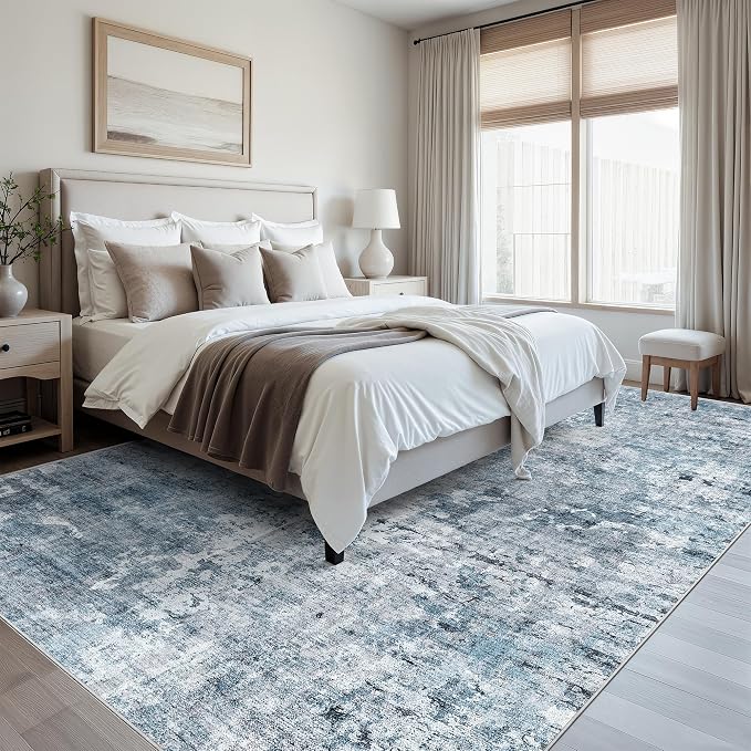 Soalmost 10x12 Area Rugs for Living Room Washable Rug Abstract Blue/Grey | Non-Slip Large Modern Carpet for Dining Bedroom, Soft Low Pile Lightweight Foldable Floor Mat Nursery Home Office Decor