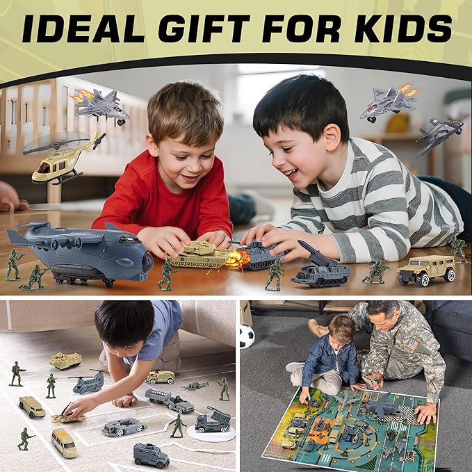 33 in 1 Military Airplane Toy with Army Men Action Figures, Army Toys Playset with Vehicles Tanks Trucks Helicopters Fighter Jets and Play Mat, Gifts for Boys Girls