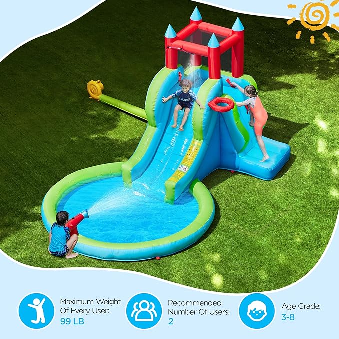 Yaheetech Inflatable Kids Water Slide, 5-in-1 Outdoor Blow Up Slide for Kids Aged 3-8 with Water Cannon, Basketball Hoop, Climbing Wall, Storage Bag & 350W Blower