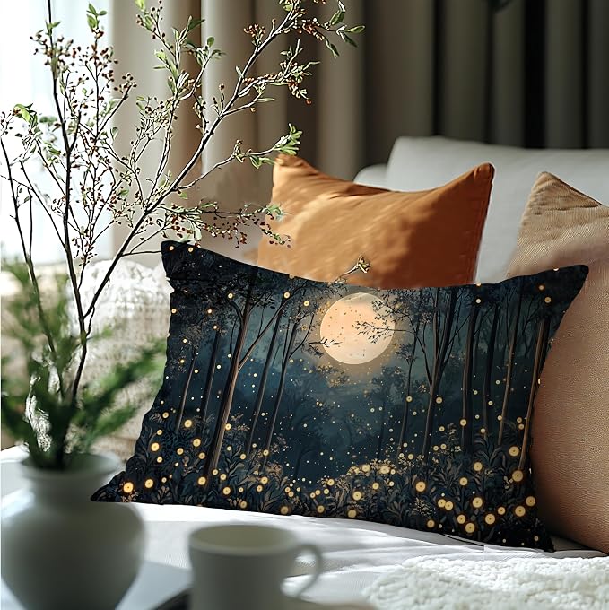 Rustic William Morris Inspired Gold Moon Pillow Covers 20x12,Vintage Black and Gold Forest Moon Botanical Nature Landscape Decorative Throw Pillow Covers for Home Bedroom Living Room