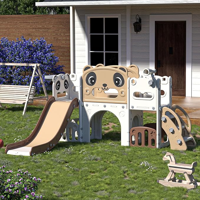 NYEEKOY 9-in-1 Toddler Slide and Climber Set Indoor Outdoor Slide Playset for Kids Age 1-8, Freestanding Backyard Playground with RNG Toss, Basketball Hoop,Telescope, Storage Space