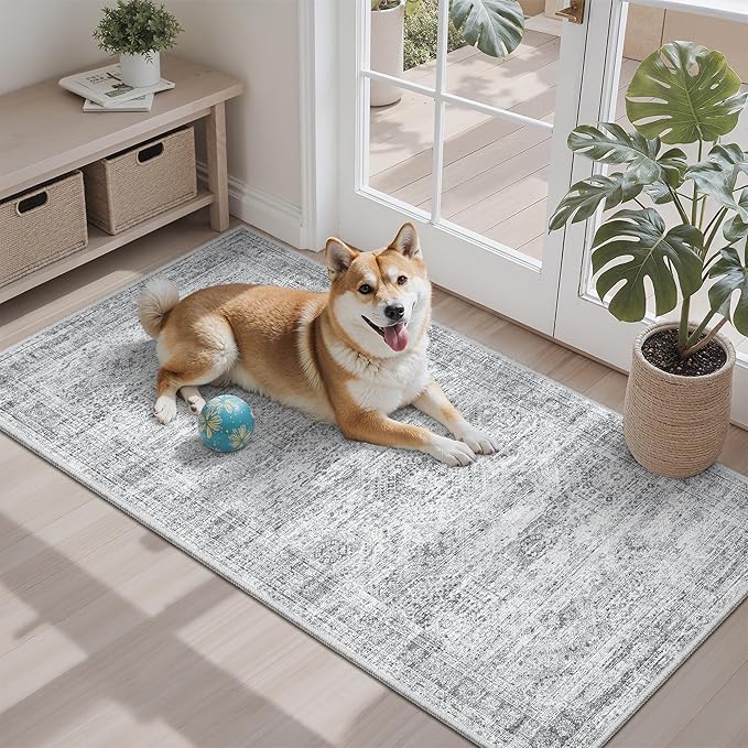 Soalmost 2x4 Washable Rugs for Kitchen, Entryway, Small Area Rug Grey | Non-Slip Vintage Low Pile Throw Door Mat For Bathroom Entry Laundry Powder Room, Stain Resistant Indoor Entrance Floor Carpet