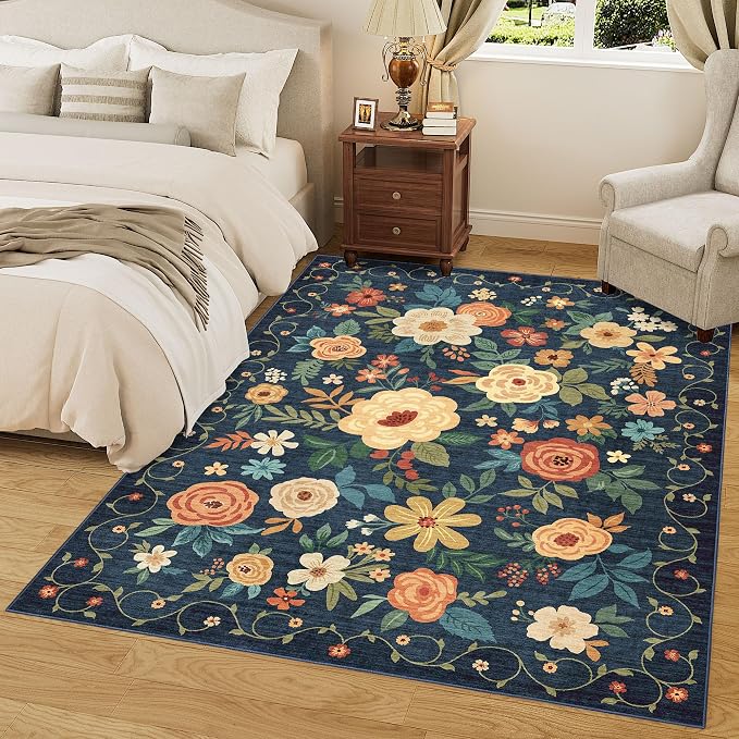 DUKINO 9x12 Area Rug for Living Room, Washable Rug Non Slip, Navy Blue | Soft, Low Pile, Floral Indoor Large Rug for Bedroom, Dining Rom, Kids Playroom, Office, Pet Friendly, Home Decor, Lightweight
