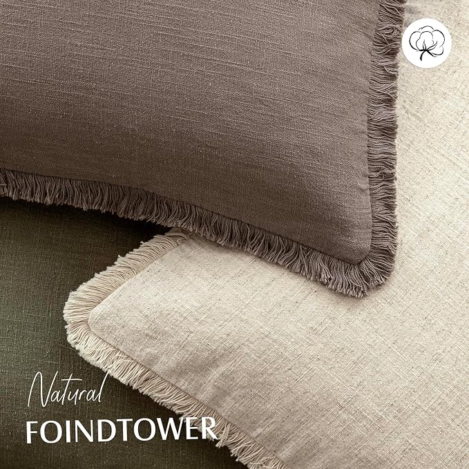 Foindtower Set of 2 Decorative Linen Fringe Lumbar Throw Pillow Covers Boho Farmhouse Cushion Cover with Tassels Accent Pillowcase for Couch Sofa Bed Living Room Home Decor,12×24 Inch,Light Coffee