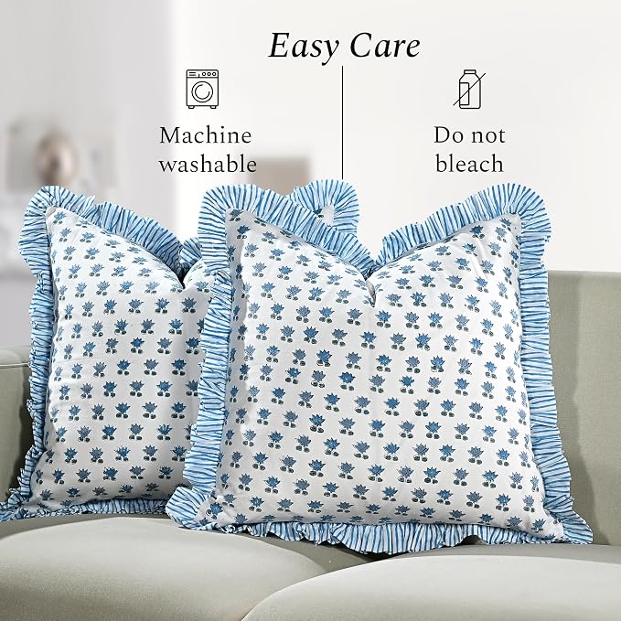 CPC Arctic Blue Hand Block Print 100% Cotton Ruffle Throw Pillow Cover 18x18 inch with Hidden Zipper Decorative for Couch, Bed, Sofa, Farmhouse, Cottagecore Decor Gift Christmas Fall Thanksgiving