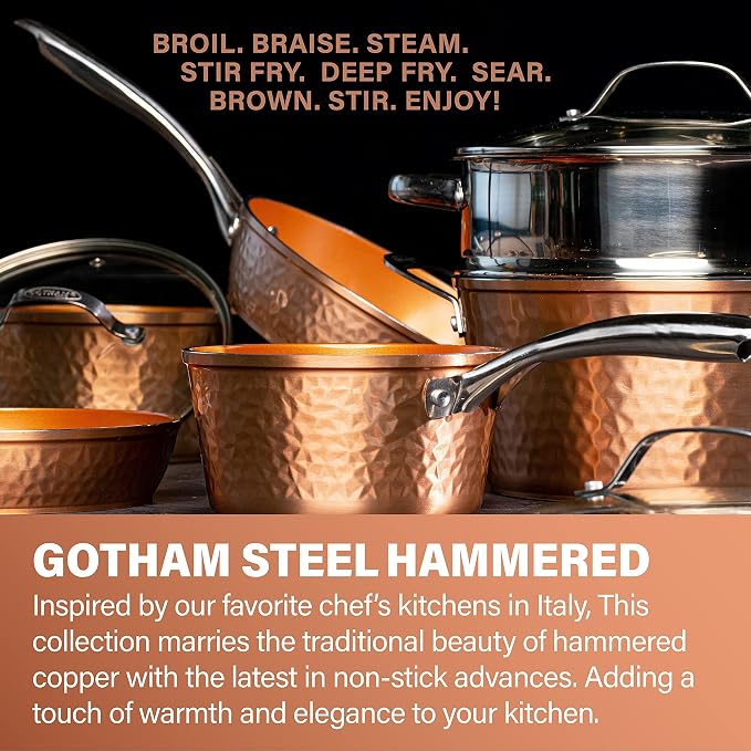 Gotham Steel 10 Inch Hammered Non Stick Frying Pans, Nonstick Frying Pan with Lid, Nonstick Pan, Ceramic Frying Pans Nonstick Skillet, Ceramic Pan, Non Stick Pan, Copper Pan, Dishwasher / Oven Safe | PFOA/PFOS/PTFE Free, Induction Compatible, Stainless...