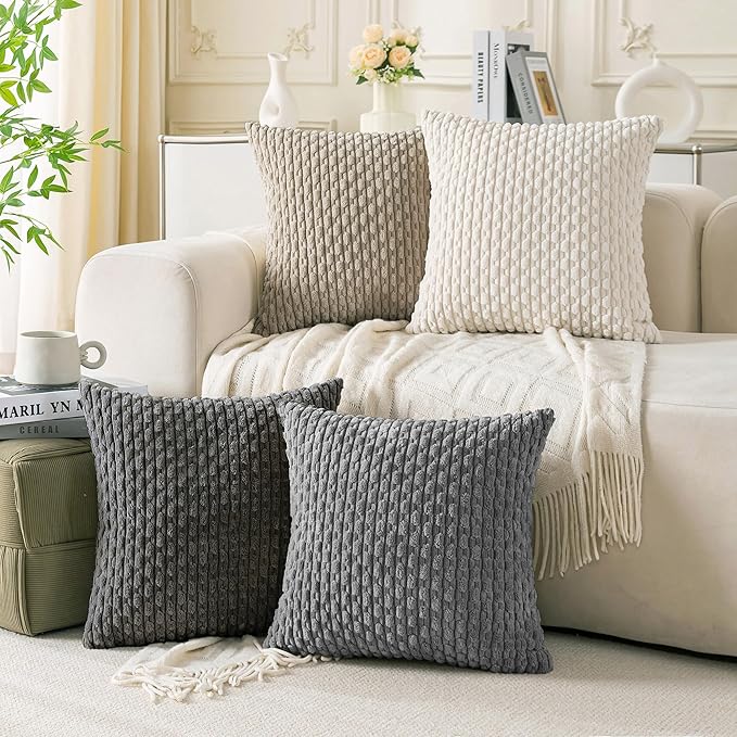 Set of 4 Grey White Taupe Decorative Throw Pillow Covers 22x22 Inch Corduroy Pillow Covers for Bed Couch Sofa Living Room Soft Square Cushion Cases