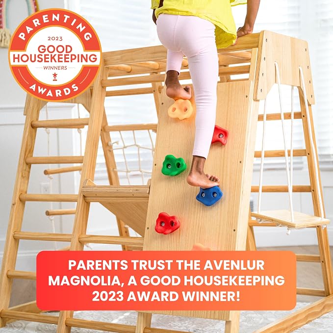 Avenlur Indoor Playground Jungle Gym – Magnolia 6-in-1 Montessori Wooden Indoor Playground for Kids & Toddlers Ages 2-6 – Waldorf Toys, Rope Ladder, Indoor Swing, Baby Slide, Rock Climbing Wall, More