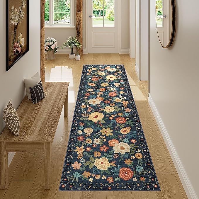 DUKINO 2x7 Runner Rug for Hallway, Soft Washable Rug Non Slip, Navy Blue | Low Pile, Stain Resistant Indoor Carpet Runner for Kitchen, Bedroom, Bathroom, Entryway, Laundry, Pet Friendly, Home Decor