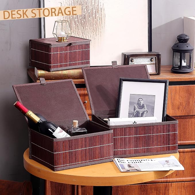 Honygebia Bamboo Decorative Storage Boxes - Set of 3 Woven Lined Storage Basket with Lids, Retro Brown Wicker Lidded Baskets for Home Kitchen Shelf Organizer Decor