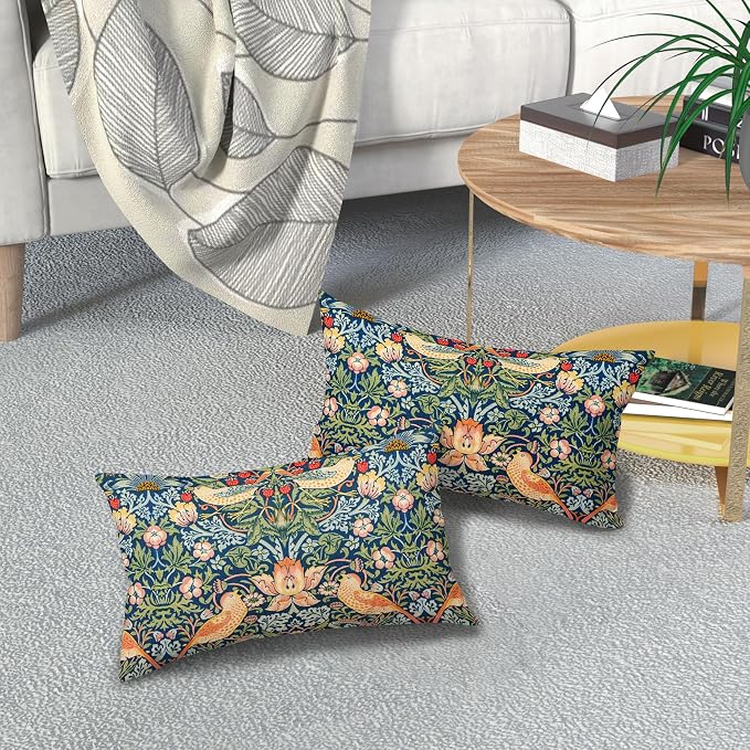 Chinoiserie Blue Sage Green Pimpernel Lumbar Pillow Covers 12X20 in Set of 2 Strawberry Floral Bird Colorful Pillow Cases Vintage Art Flower Pillow Modern Home Decor for Couch Patio Porch
