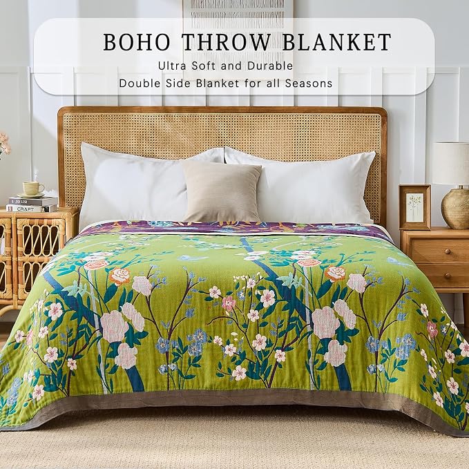 Boho Throw Blanket Farmhouse Decor Throw Blanket Bohemian Blanket for Bed 100% Cotton Muslin Woven Couch Blanket All Seasons Quilt Bedroom (I-Green, 50"x60")