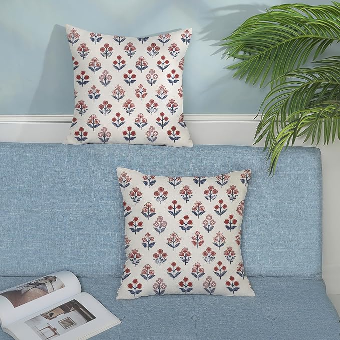 Red Blue Pillow Covers 20x20 Inch Set of 2 Patriotic 4th of July Throw Pillows Vintage Flower Boho Block Print Floral Decorative Pillow Cases Outdoor Linen Cushion Cover for Couch Sofa Decor