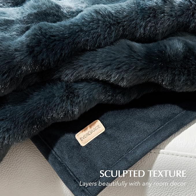 Faux Rabbit Fur Bubble Throw Blanket, 50"x60", Marble Deep Indigo | Ultra Soft, Luxury Faux Rabbit Fur Throw, Thick Warm Bubble Blanket, Cozy Fluffy Reversible, for Bed, Couch, Chair, Sofa