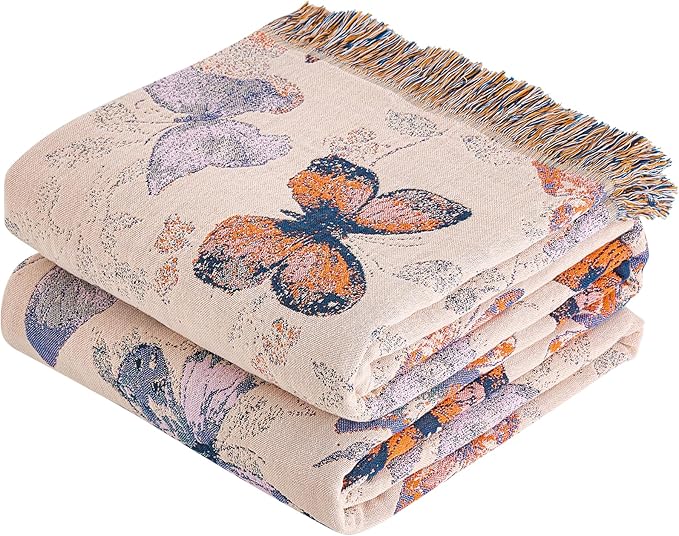 VANJOROY Boho Throw Blanket, 100% Organic Cotton Breathable Ultra Soft 91" x 108" King Bed Quilt Throw - All Season Floral Rustic Farmhouse Decor Luxury Blanket for Sofa Couch Chair and Gift