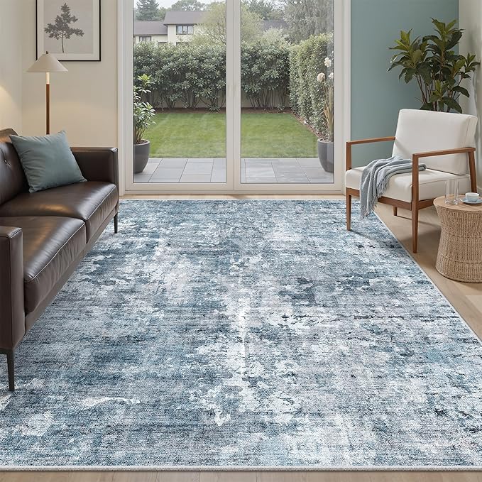 Soalmost Abstract Rug 5x7 Washable Area Rugs for Living Room, Blue/Grey | Vintage Non-Slip Indoor Accent for Bedroom Dining, Foldable Stain Resistant Floor Carpet Mat Under Table Home Office Decor