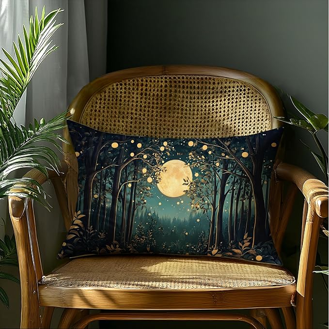 Rustic William Morris Inspired Night Moon Forest Decor Pillow Covers 18x18,Vintage Botanical Nature Landscape Decorative Throw Pillow Covers for Home Bedroom Living Room