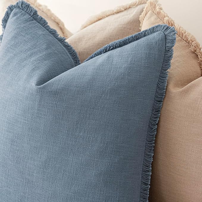 Foindtower Set of 2 Decorative Linen Fringe Throw Pillow Covers Cozy Boho Farmhouse Cushion Cover with Tassels Soft Accent Pillowcase for Couch Sofa Bed Living Room Home Decor, 18×18 Inch, Misty Blue