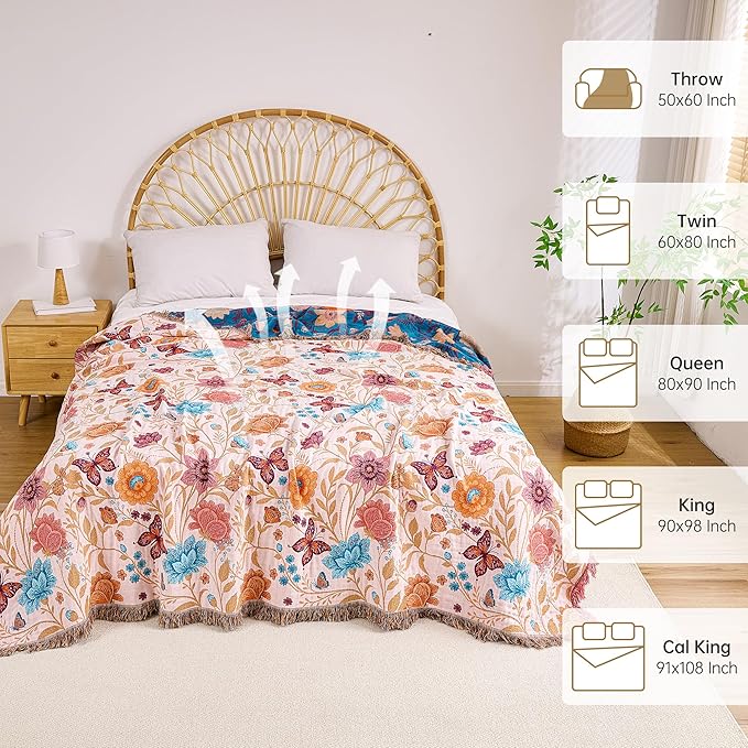 VANJOROY Boho Throw Blanket, 100% Organic Cotton Breathable Ultra Soft 91" x 98" Bed Quilt Throw - All Season Floral Rustic Farmhouse Decor Luxury Reversible Blanket for Sofa Couch Chair and Gift