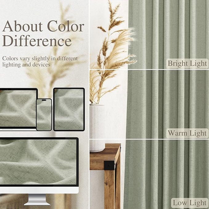 Sage Green Linen Blend Drapes 84 Inch Length 2 Panels Set Back Tab Rod Pocket Semi Sheer Textured Light Green Vertical Curtains Boho Farmhouse Decor Spring Curtains for Living Room Bedroom 40x84