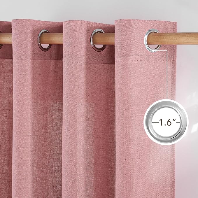 NICETOWN Linen Pink Curtains for Girls Room, Grommet Thick Flax Semi Sheer Window Treatments Privacy Assured with Light Filtering for Bedroom/Kids Room, 2 Panels, W55 x L84